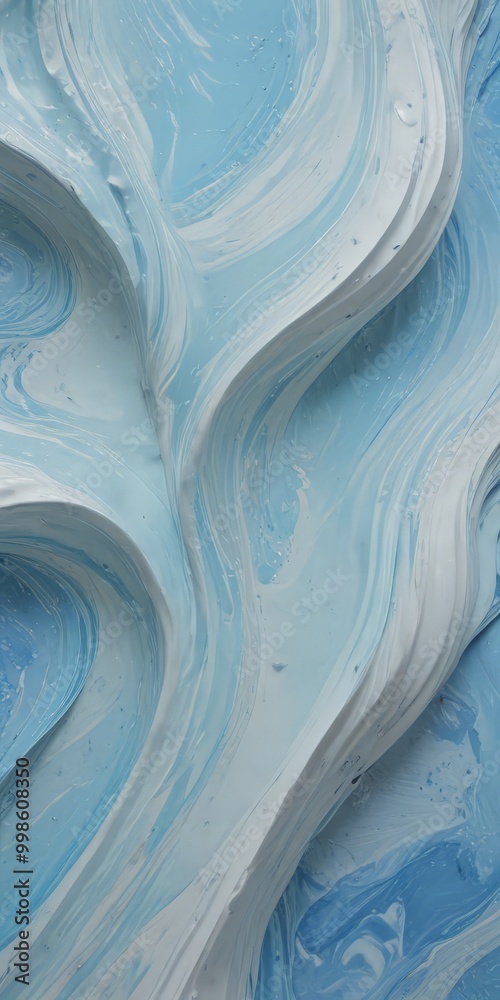 Poster a close-up view textured surface with a swirling pattern of blue and white colors, resembling the mo