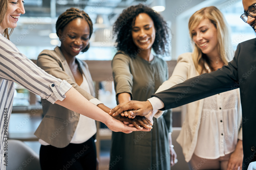 Canvas Prints Happy, business people and huddle with hands together for teamwork, motivation or unity at office. Young, group or employee piling with smile for solidarity, diversity or inclusion at workplace