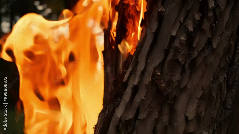 Poster burning tree trunk in flames shows the destructive power of wildfires, highlighting danger and devas