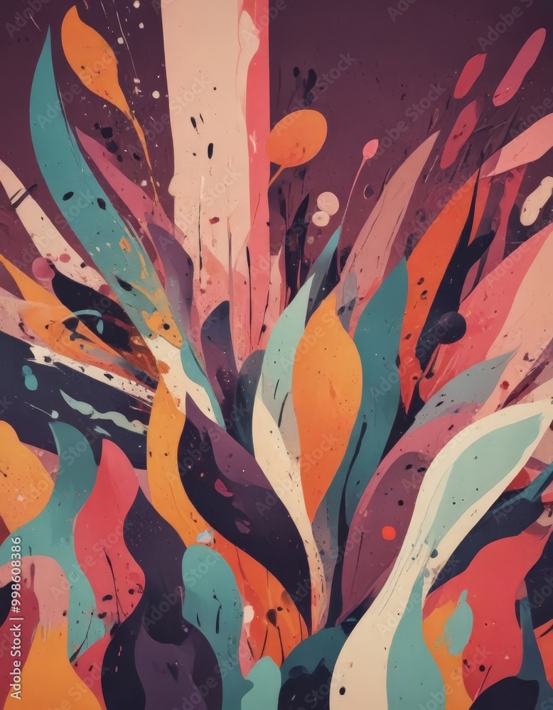 Aufkleber an abstract painting featuring a vibrant and dynamic composition of overlapping and intersecting lines, shapes, and splashes of color, creating a sense of