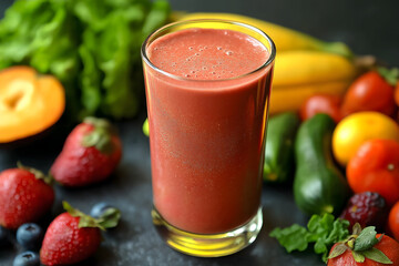 A refreshing smoothie in a glass, surrounded by fresh fruits and vegetables