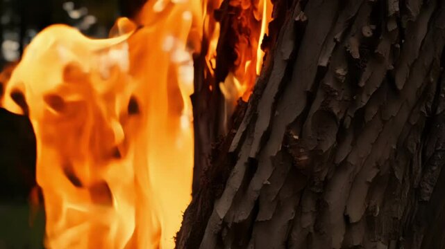 Burning tree trunk in flames shows the destructive power of wildfires, highlighting danger and devastation in nature. Smoke and ash remind us of climate change impact