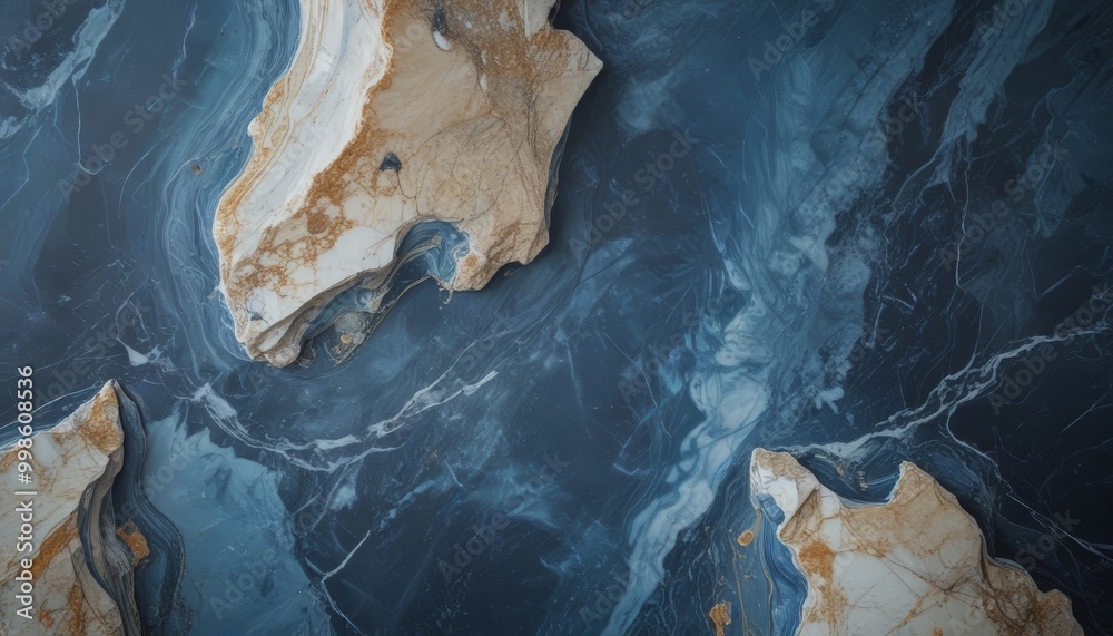 Poster aerial view marble surface with swirling patterns of blue and white marble, resembling the ocean or 