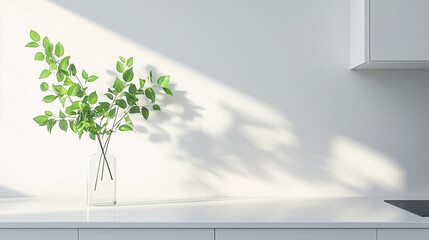 Obraz premium An all-white minimalist kitchen featuring one glass vase with fresh green leaves on the counter. The scene is calm, with no other decor, highlighting clean lines and open space