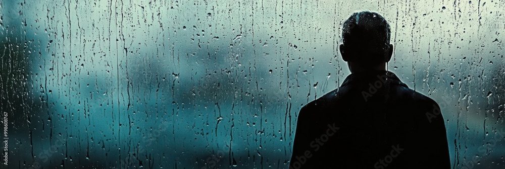 Poster a solitary person stands by a rain-soaked window, reflecting on their thoughts as raindrops cascade 