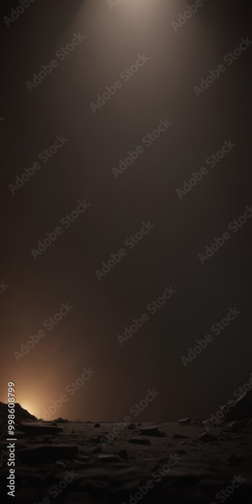 Poster a dark, foggy landscape with a faint glow of light at the horizon, creating a sense of depth and mys