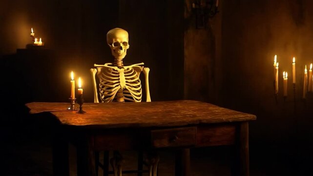 Scary skeleton sitting at an old table in a dark crypt lit only by the light of a few candles
