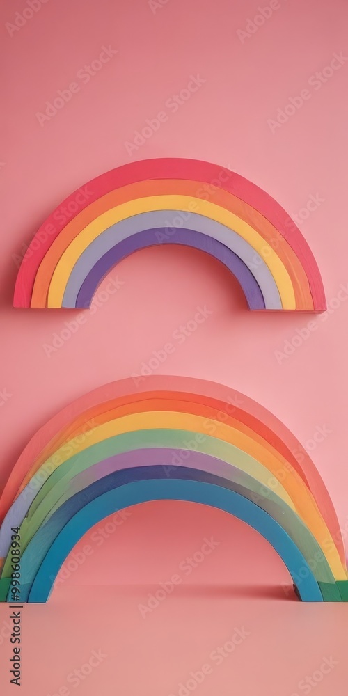 Poster two overlapping paper cutouts rainbow are arranged diagonally against a pink background
