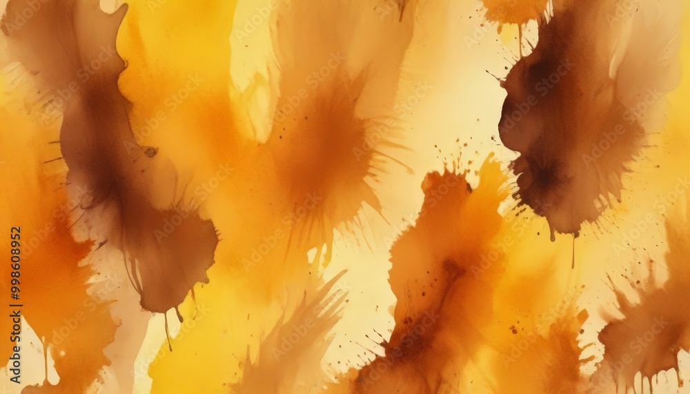 Poster a vibrant abstract composition of brown and yellow splatters and drips, creating a dynamic and energetic visual effect