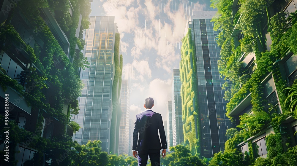 Wall mural businessman envisioning greener urban future with futuristic skyscrapers covered in vertical gardens