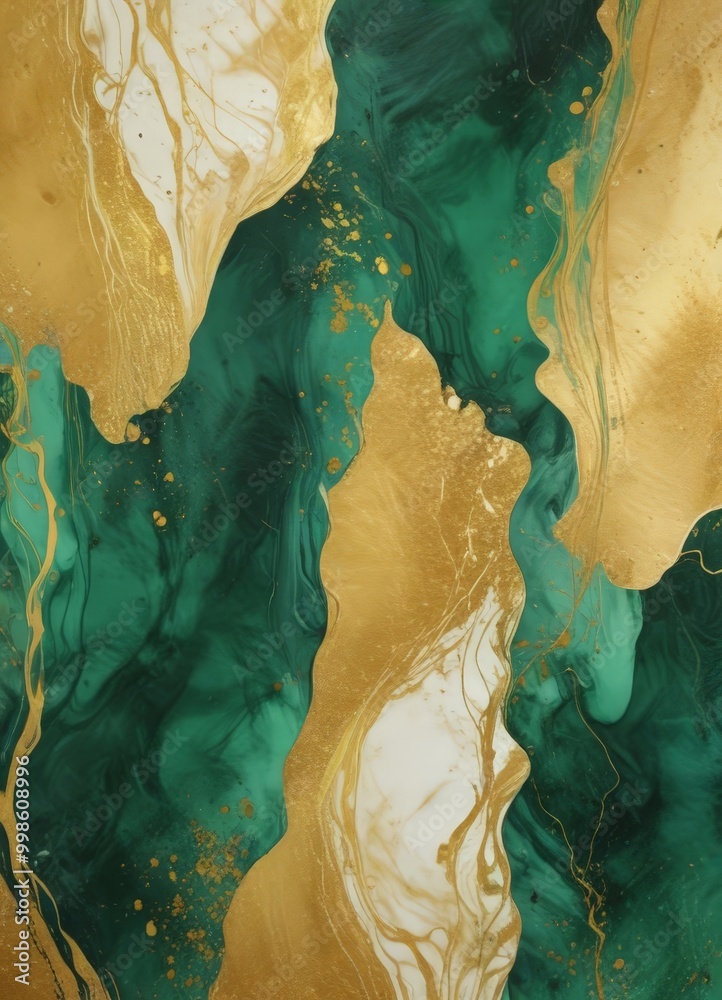 Poster a striking abstract painting with a vibrant color palette of green, gold, and white the painting is 