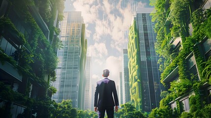 Businessman Envisioning Greener Urban Future with Futuristic Skyscrapers Covered in Vertical Gardens