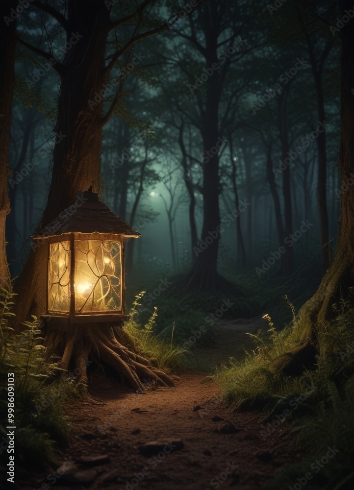 Poster A lantern-lit path leads through a dense, dark forest, with the faint glow light source visible in the distance