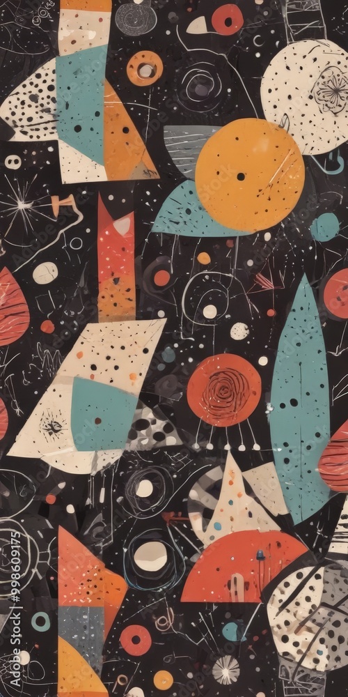 Poster a vibrant abstract composition featuring a variety of shapes, colors, and patterns, including circle