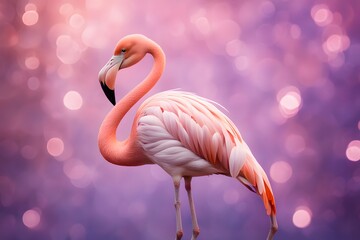 A flamingo with delicate pink lotus flowers on its back standing in front of a soft pink, Ai...