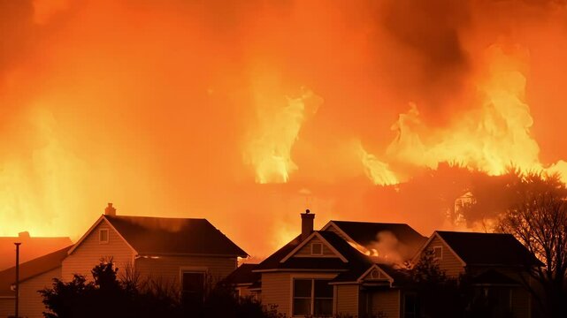 Huge flames destroying trees and approaching suburban houses, during a dangerous wildfire burning everything on its path