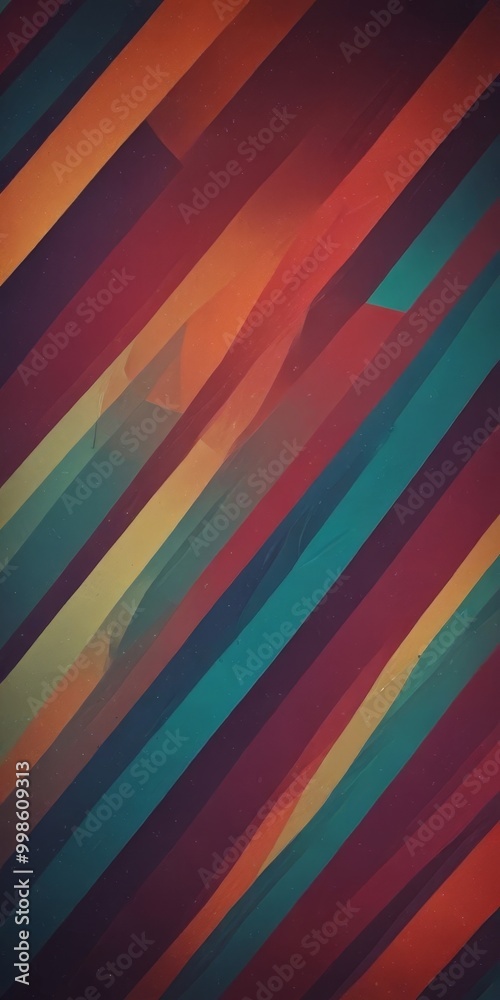 Poster a vibrant abstract pattern composed of diagonal lines in various colors, including red, orange, yellow, green, blue, and purple, creating a dynamic and visually
