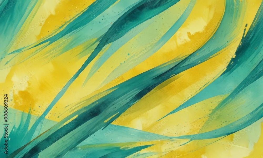 Poster an abstract painting with a vibrant color palette of yellow and green The painting is composed of overlapping brushstrokes, creating a dynamic and energetic composition