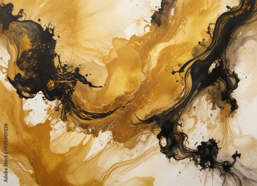 Poster an abstract painting featuring a swirling pattern of black and gold colors, with splashes of color and texture throughout