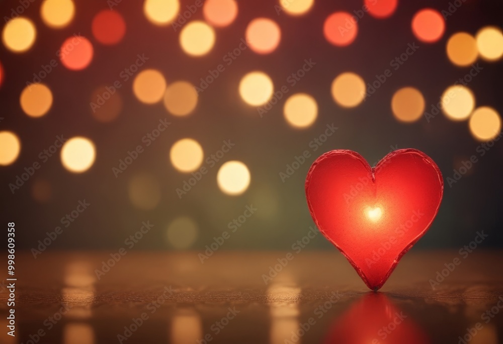 Poster a red heart-shaped candle stands on a reflective surface, with a background of blurred, colorful bok