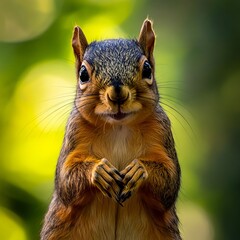 Obraz premium A squirrel standing on its hind legs with its paws in the air