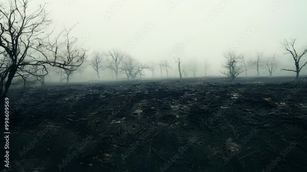 Poster charred landscape showing the devastating aftermath of a wildfire, with smoke filling the air and bu