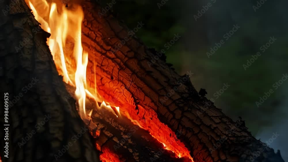Poster close up of a burning log consumed by bright orange flames, creating a captivating scene of heat and