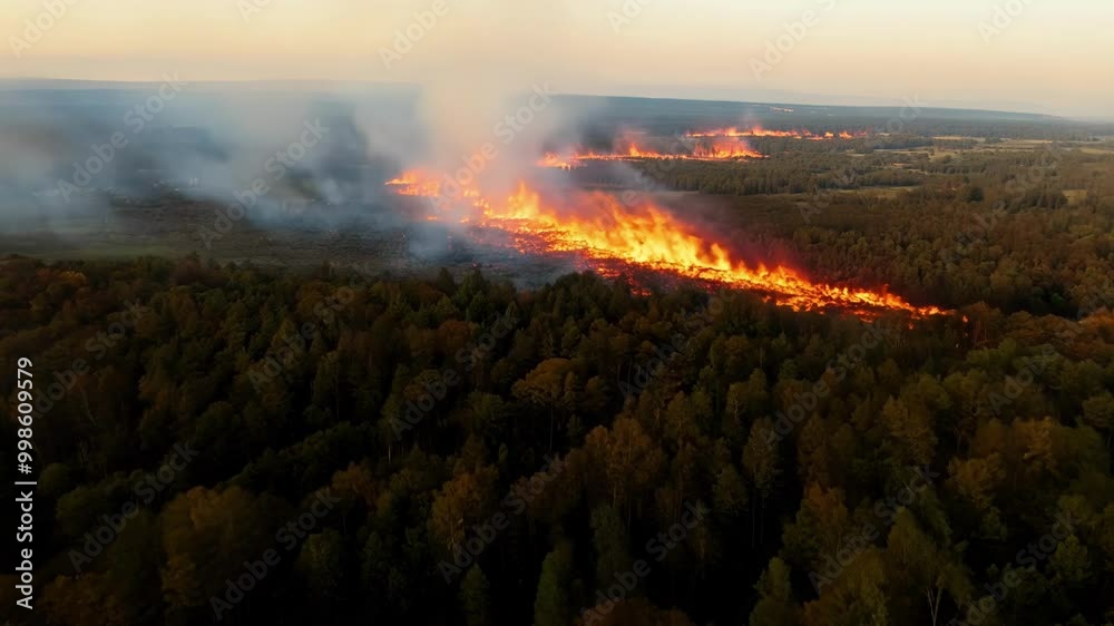 Poster aerial view of a wildfire burning through a forest at sunset, creating massive infernos and emitting