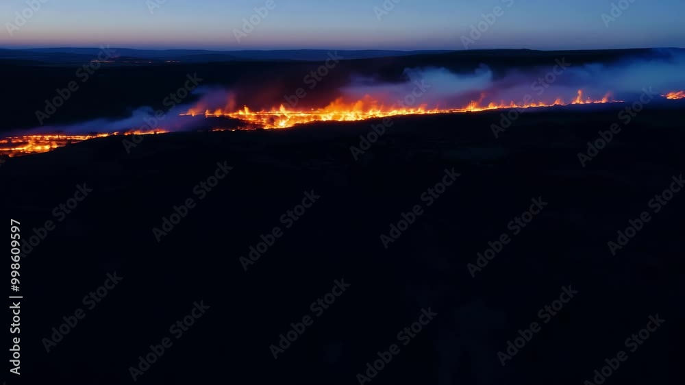 Poster Intense wildfire rages through dense forest at night, illuminating landscape with fiery glow, creating mesmerizing display of destruction and danger