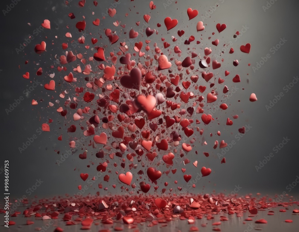 Poster a digital illustration of red hearts falling against a dark background, creating a sense of movement