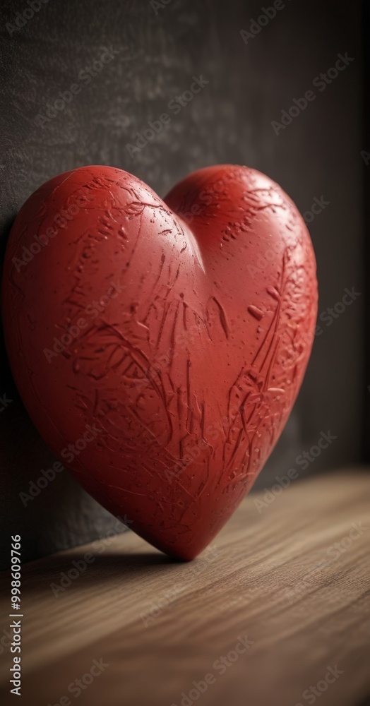 Fototapete A red heart-shaped object with a textured surface is displayed against a dark background, with a wooden surface beneath it