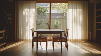 Fototapeta premium An open, airy dining space featuring a plain wooden table and two chairs, positioned symmetrically. The room is bathed in soft natural light, with no clutter in sight
