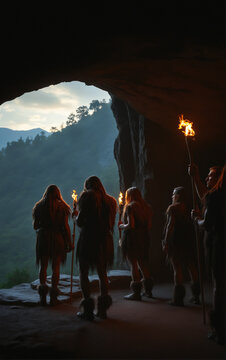 A primitive tribe of ancient people in animal skins stands by a large fire in a cave. Neanderthals. Ice Age. The concept of human evolution.