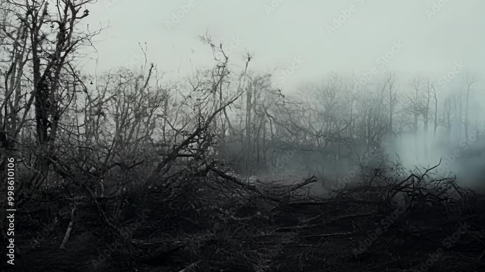 Aufkleber charred trees stand tall on scorched earth after a wildfire ravaged the forest, showing the impact o