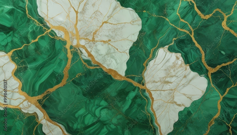 Poster a close-up view marble surface with a striking pattern of green and white marble, accented by gold lines and cracks