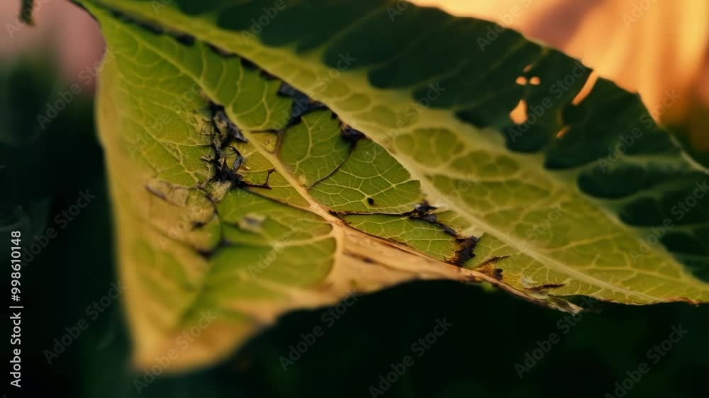 Poster closeup of a withered green leaf burning in the fire, with its veins and structure highlighted by th