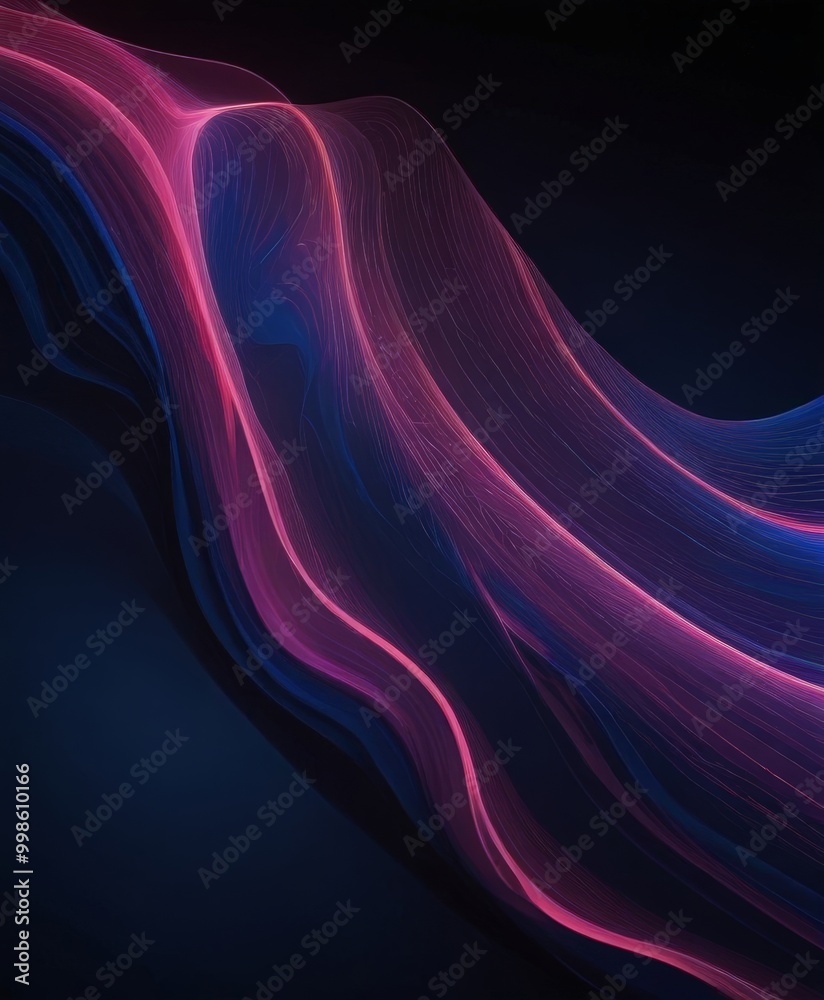 Poster a digital illustration wave-like pattern with alternating pink and blue lines, set against a dark ba
