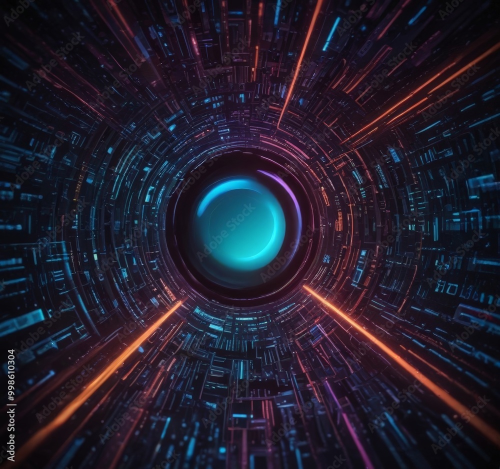 Leinwandbilder a futuristic, technological environment with a central circular element surrounded by a complex network of lines and patterns in shades of blue, orange, and purple