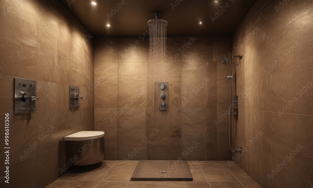 Poster a modern, tiled walk-in shower with a circular shower head and multiple shower heads, illuminated by