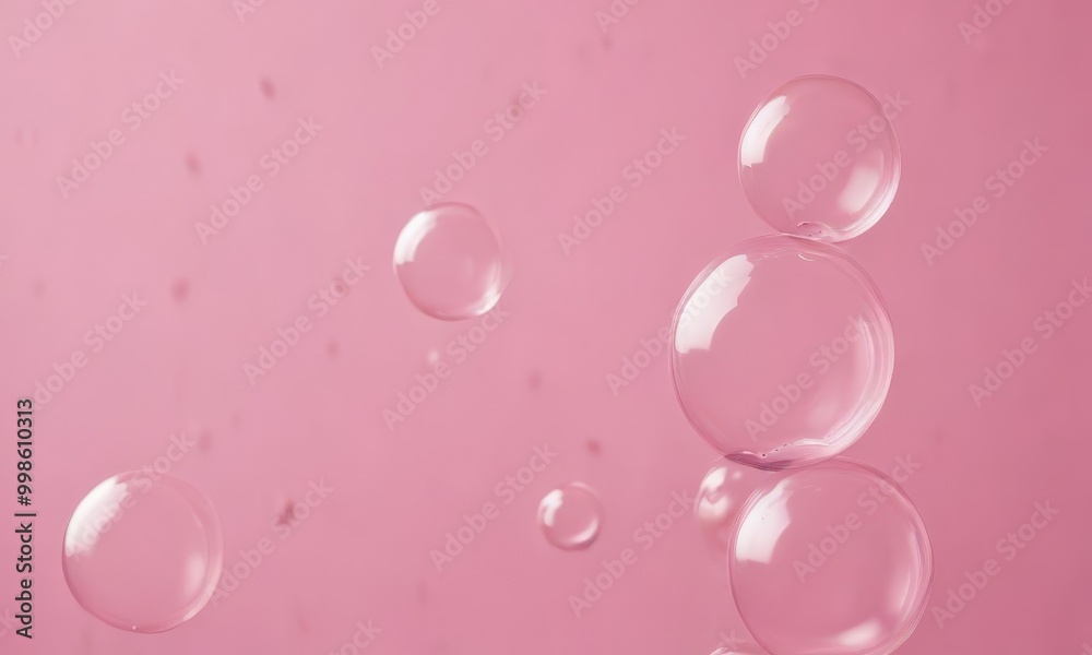 Poster A close-up view of several transparent soap bubbles floating against a pink background