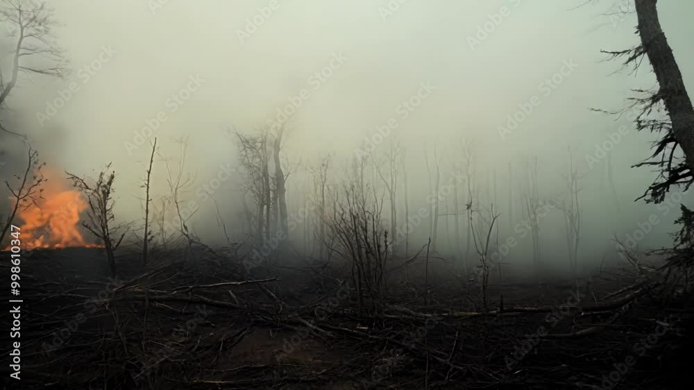 Poster wildfire burning out of control in a forest, creating a dense cloud of smoke that fills the air and 