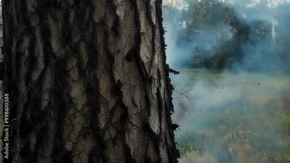 Poster close up view of rough tree bark with billowing smoke in the background, suggesting a wildfire. capt