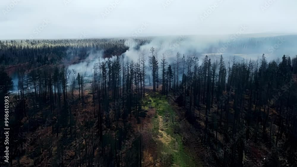 Aufkleber smoke rises from a burnt forest, showing aftermath of wildfire. aerial view highlights destruction a