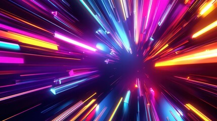 Obraz premium Colorful 3D abstract background featuring neon rays and glowing lines, showcasing a dynamic spectrum of bright and radiant colors