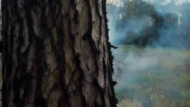 Close up view of rough tree bark with billowing smoke in the background, suggesting a wildfire. Captures nature's destructive power and impact of climate change