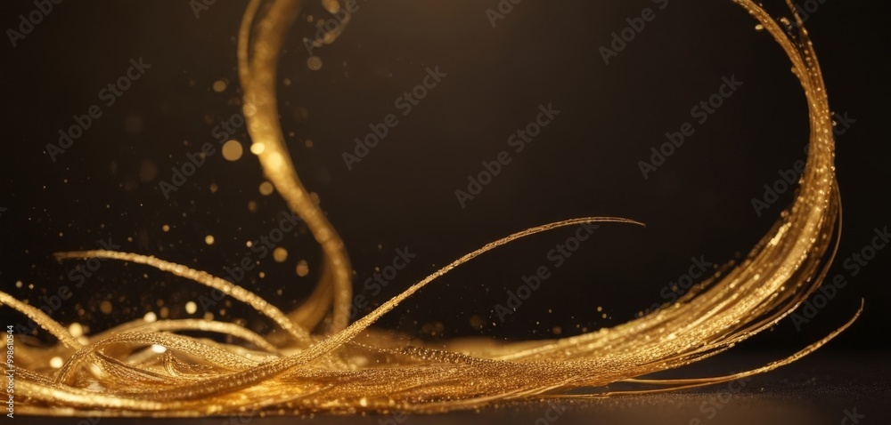 Poster Golden strands of hair sway against a dark background, creating a dynamic and ethereal visual effect