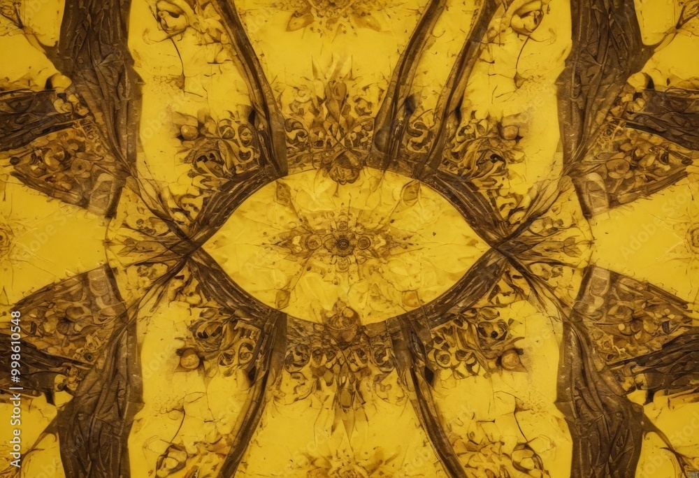 Poster a symmetrical pattern of intricate, overlapping designs in shades of yellow and brown, creating a kaleidoscopic effect