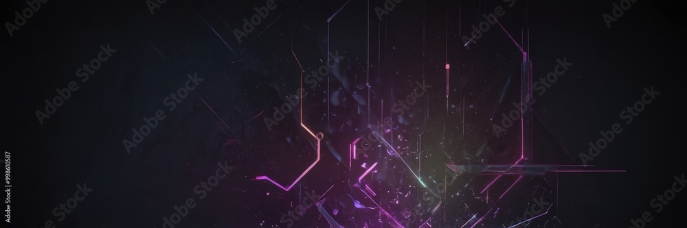 Poster a digital art piece featuring a complex network of lines and shapes in shades of purple, pink, and b