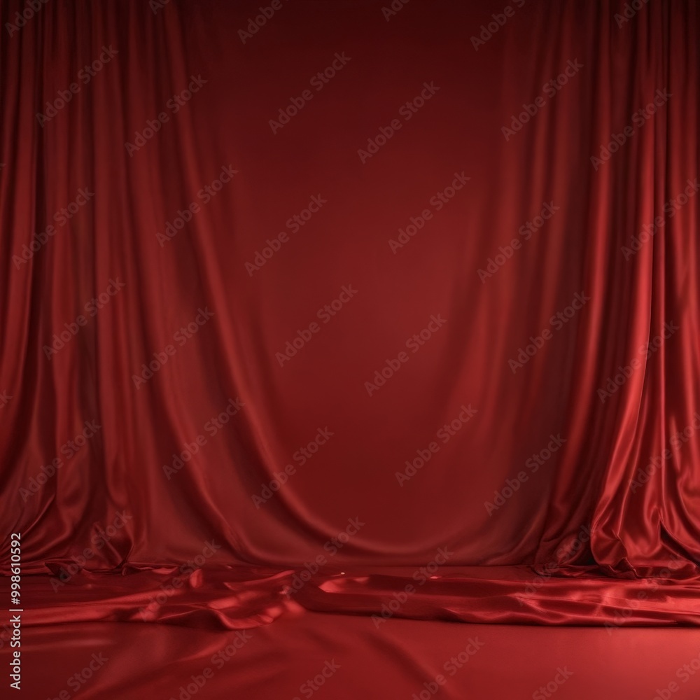Aufkleber a red curtain with a smooth, flowing texture is draped over a wooden floor, creating a dramatic and 
