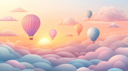 Fototapeta premium whimsical cozy cute cartoon Colorful hot air balloons float above soft clouds during a serene sunrise, creating a tranquil and dreamy atmosphere.